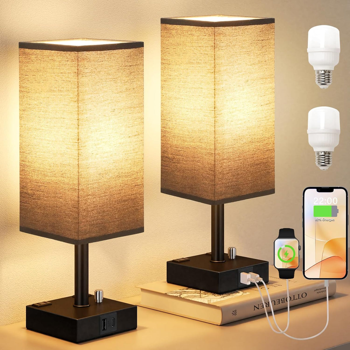 Bedside Table Lamps Set of 2 for Bedroom - Dimmable, USB C+A, 2 AC Outlets