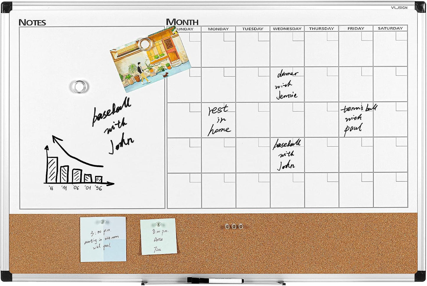 VUSIGN Monthly Calendar Whiteboard Dry Erase Cork Board Combo, 18" x 24" Planning Board, Silver Aluminium Frame