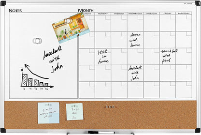 VUSIGN Monthly Calendar Whiteboard Dry Erase Cork Board Combo, 18" x 24" Planning Board, Silver Aluminium Frame