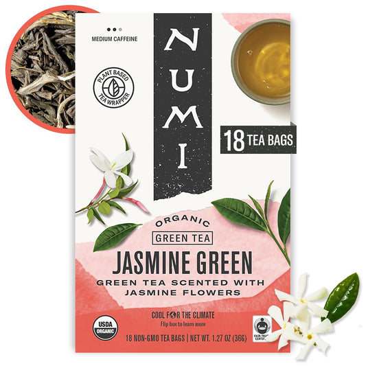 Numi Organic Jasmine Green Tea, 18 Green Tea Bags with Real Jasmine Flowers