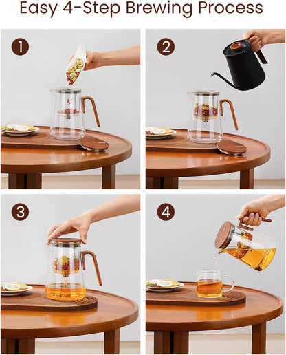 ZENS Magnetic Tea Pot, Enchanted Glass Teapot with Infuser and Magnetic Suction Lid for Mess-Free Loose Tea Diffusers, Walnut Wood Handle, Tea Lovers Gifts