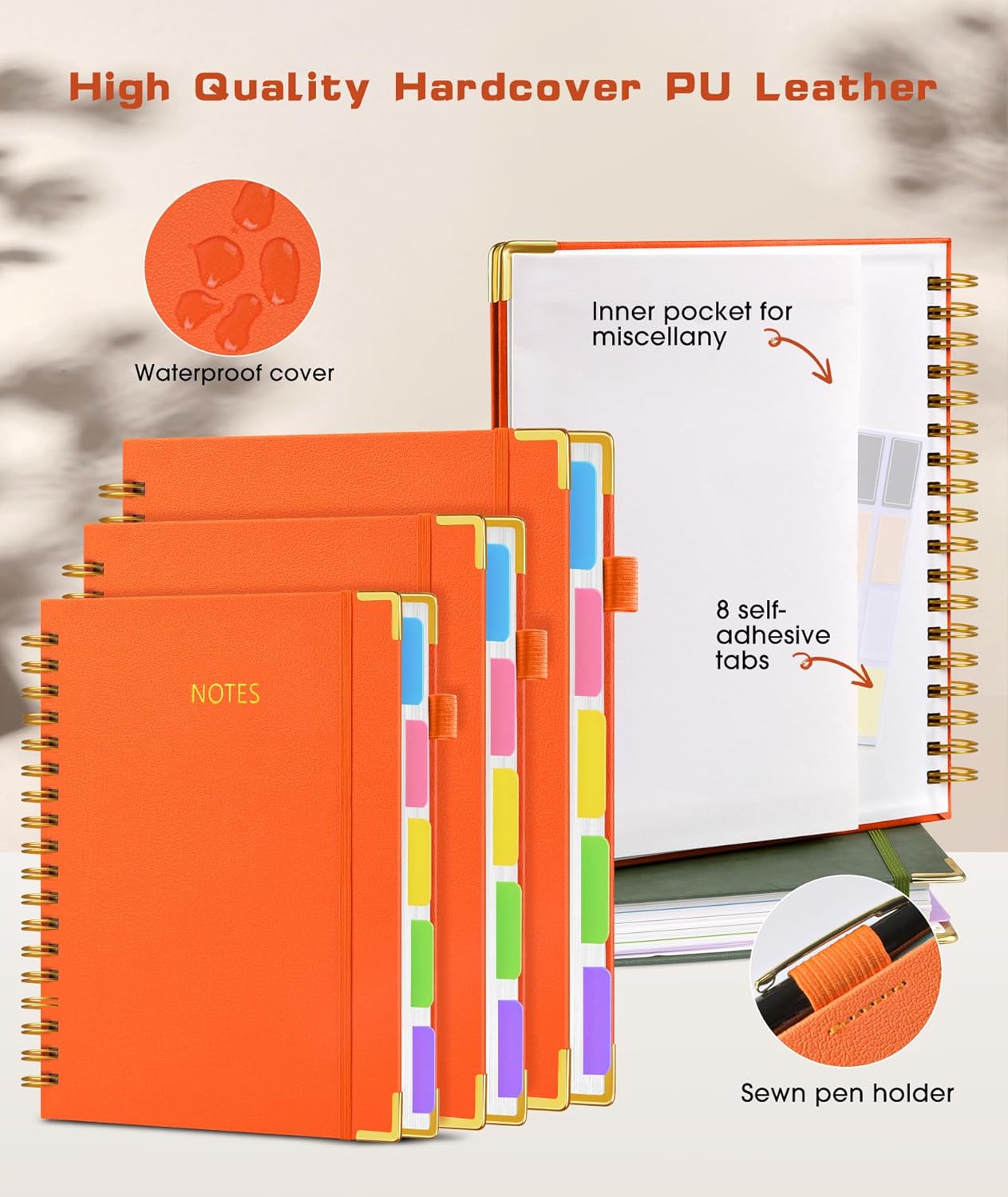 Hardcover Spiral Notebook journal with Removable Dividers Tabs, 300 Pages Leather 5 Subject Notebook College Ruled, 8"x10" Large B5 Notebooks for Work School Note taking, Lined Journal for Women,Black