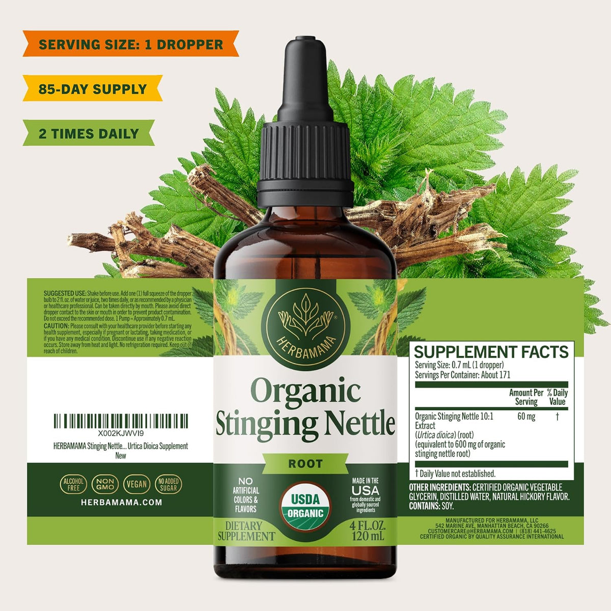 HERBAMAMA USDA Organic Stinging Nettle Root - Urinary Tract Support - 4 oz