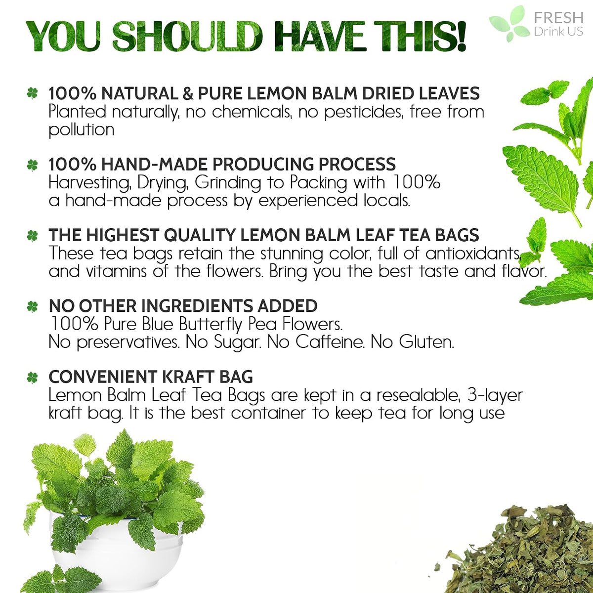 FreshDrinkUS, Premium 120 Lemon Balm Tea Bags, 100% Natural & Pure, Herbal Tea, No Sugar, No Caffeine, No Gluten, Vegan.