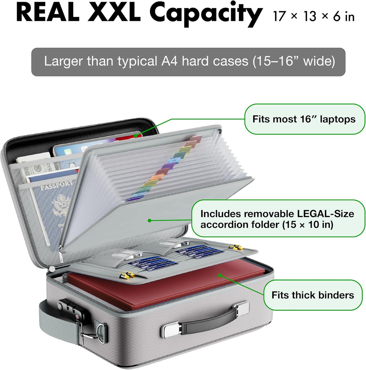 XXL Legal-Size Fire & Water-Resistant Document Box with TSA Lock - Hard-Shell Case (17×13×6 in) Hard Case File Organizer for Important Documents, Laptop, Passport, Wills & Certificates (Black)