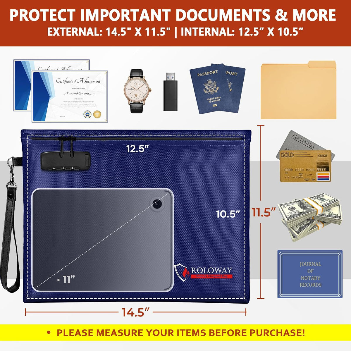 ROLOWAY Fireproof Document Bag (14.5 x 11.5 inch), 6400℉ Fireproof Money Bag with Zipper for Cash, Fire Safe Money Pouch with Lock (Black)