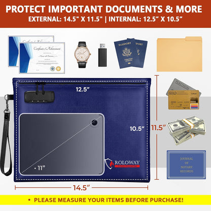 ROLOWAY Fireproof Document Bag (14.5 x 11.5 inch), 6400℉ Fireproof Money Bag with Zipper for Cash, Fire Safe Money Pouch with Lock (Black)