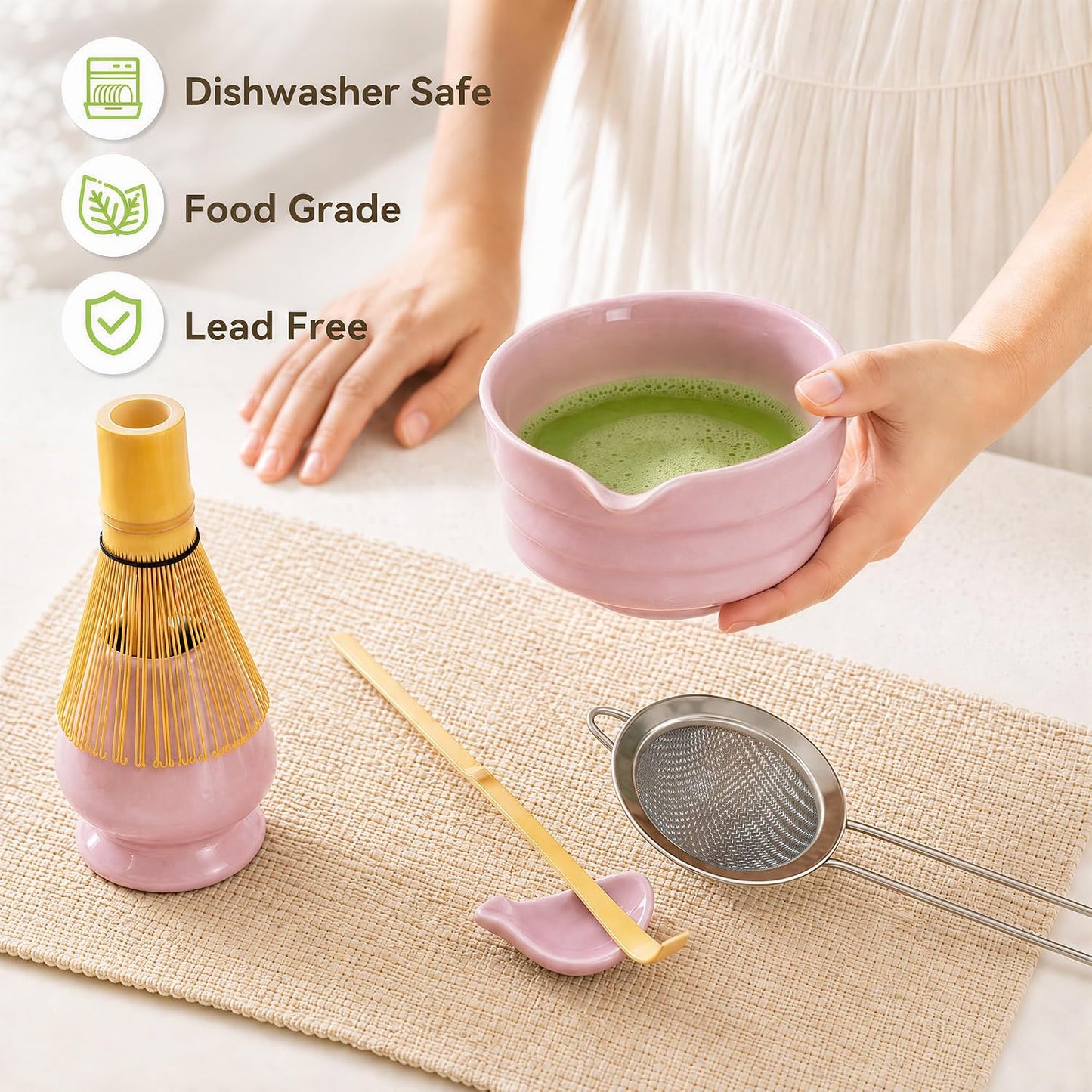 Matcha Whisk Set with Ceramic Bowl - Complete Matcha Making Kit, Bamboo Whisk (Chasen), Whisk Holder, Matcha Powder Sifter, Scoop, Japanese Tea Ceremony Tools（Green）