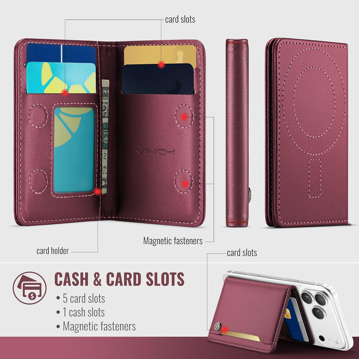 Vinich for MagSafe Wallet Magnetic RFID Blocking Card Holder, Rose Pink