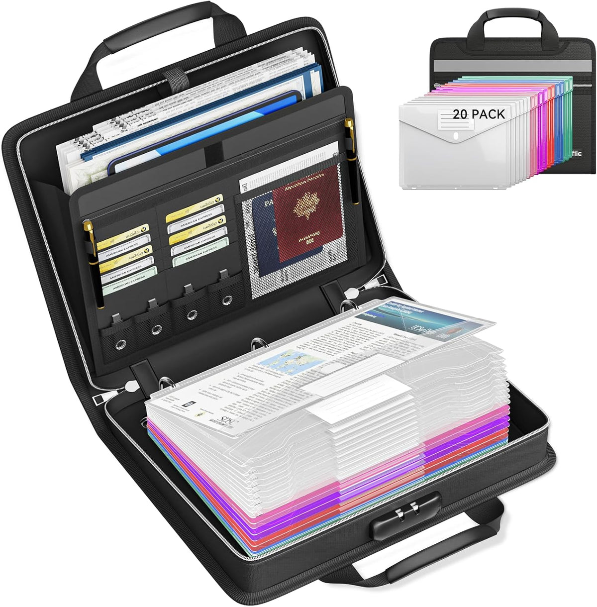 Tamfile Fireproof Binder Organizer with 20 Pack Colorful Plastic Pockets