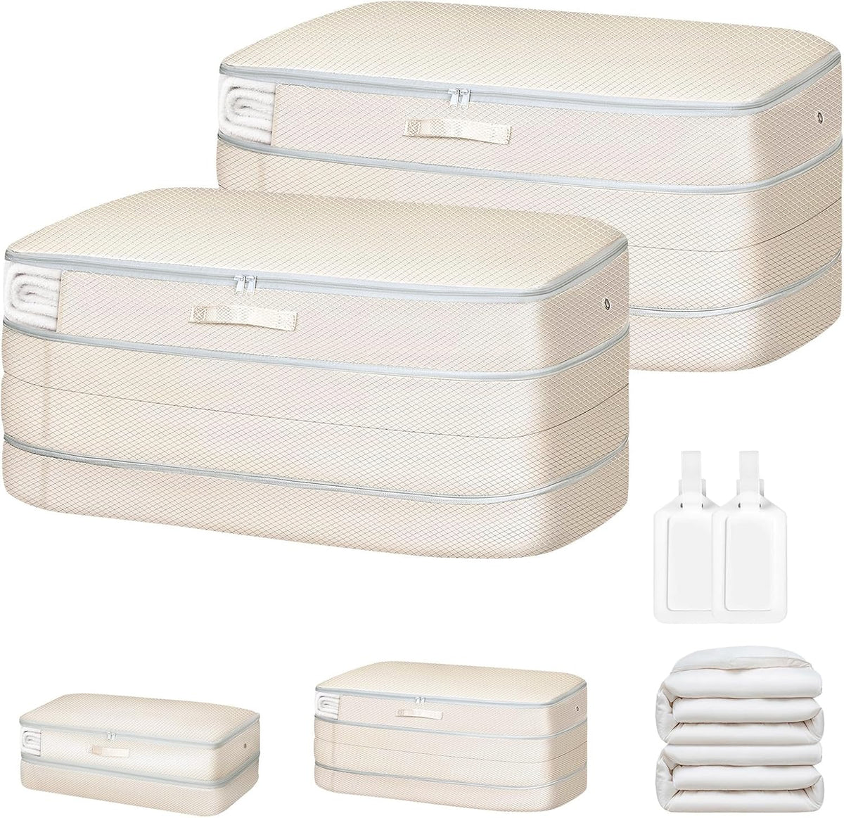 Comforter Storage Bag - Large Capacity Bedding Storage Bags Ultra Space Saving Self Compression Organizer, Washable Compression Bags for Storage Comforter Blanket Duvet Pillow, Beige