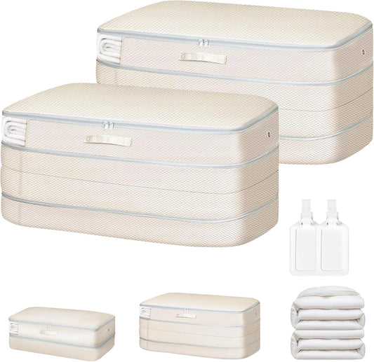 Comforter Storage Bag - Large Capacity Bedding Storage Bags Ultra Space Saving Self Compression Organizer, Washable Compression Bags for Storage Comforter Blanket Duvet Pillow, Beige