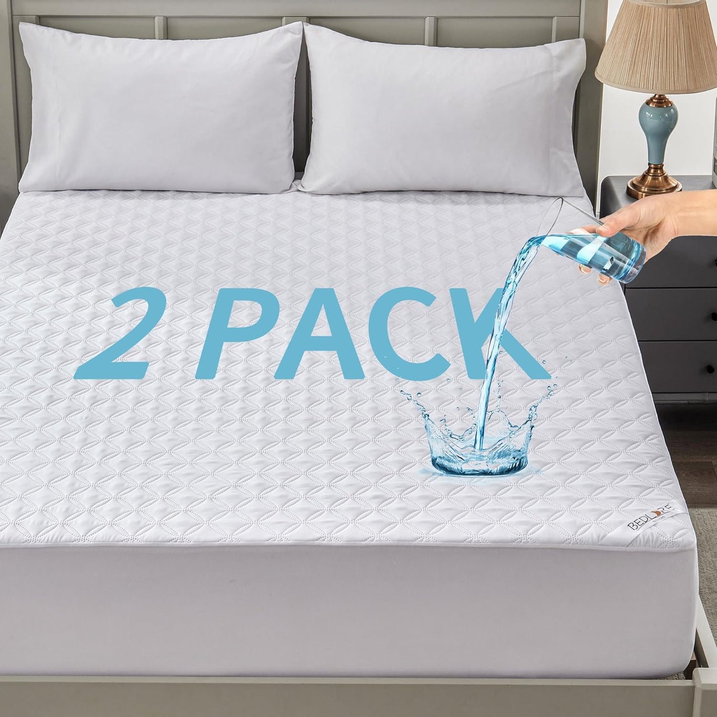 2 Pack Waterproof Mattress Protector, Queen Size Mattress Pad Noiseless with Deep Pocket Fitted for 6"-18", Soft Breathable Dirt-Proof Bed Mattress Cover Washable for Home, Bedroom, Hotel (Gray)