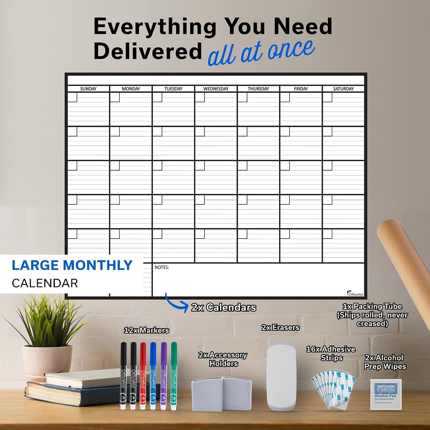 Large Dry Erase Calendar for Wall 36x48, Big Classroom Giant Month, Undated Reusable Family Monthly, Rolled Whiteboard White Board, Calendar Dry Erase Planner for Wall Erasable Large Office 48x36