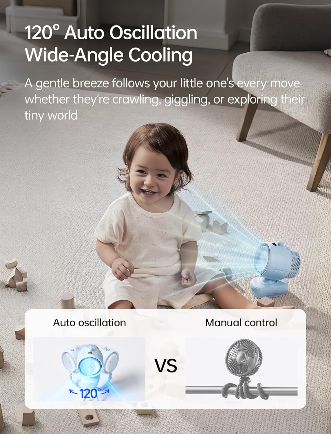 JISULIFE Chic Quadpod Stroller Fan 2026 –120°Auto Oscillation & 2 Wind Mode
