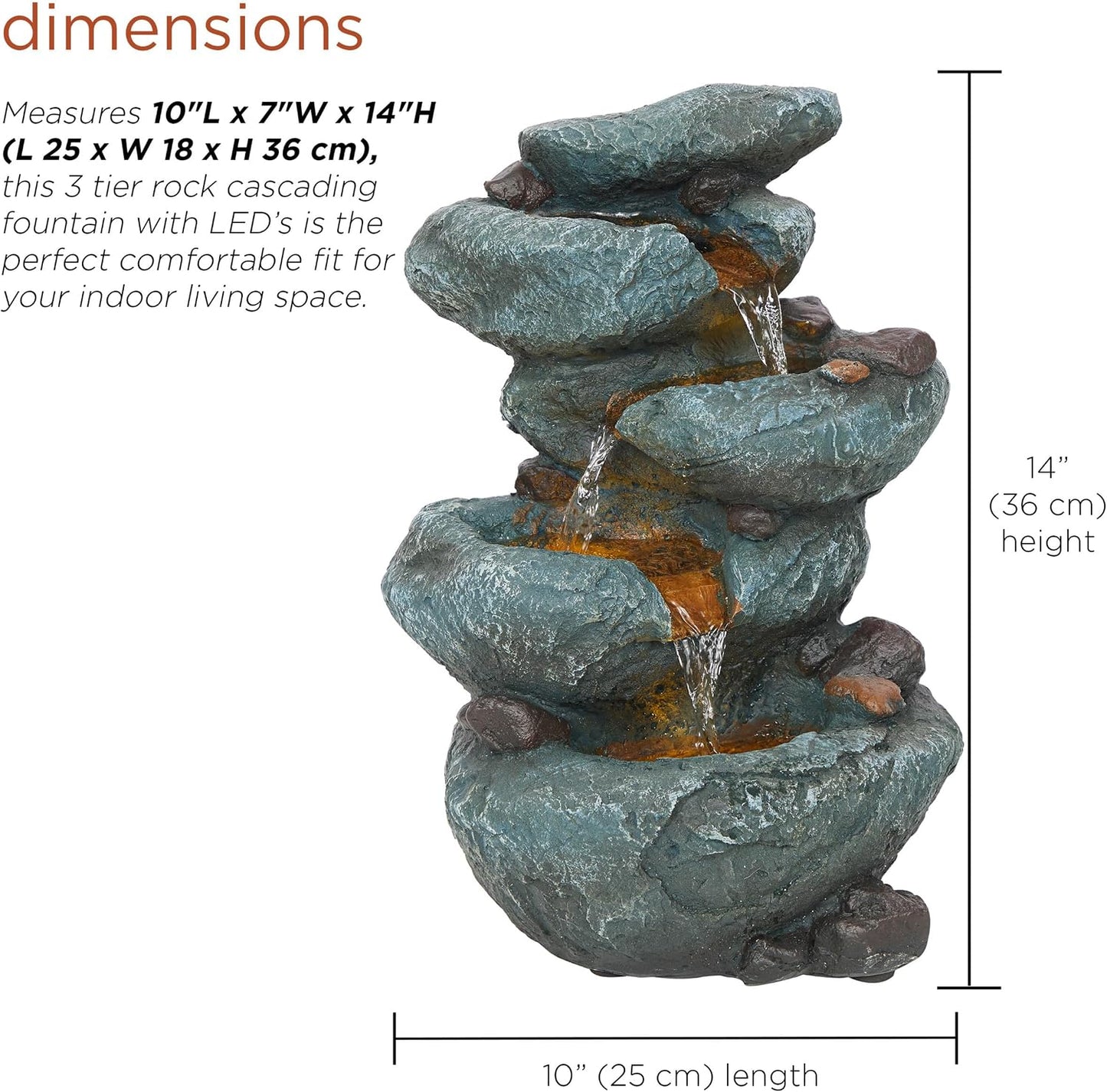 Alpine Corporation 13" Tall Indoor Tabletop Water Fountain, 4 Tier Cascading Water Feature with LED Lights for Home, Office, Living Room, or Zen Decor, Gray