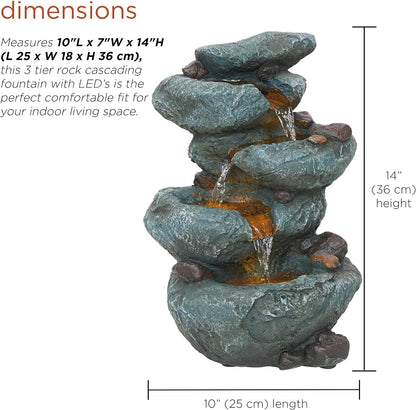 Alpine Corporation 13" Tall Indoor Tabletop Water Fountain, 4 Tier Cascading Water Feature with LED Lights for Home, Office, Living Room, or Zen Decor, Gray