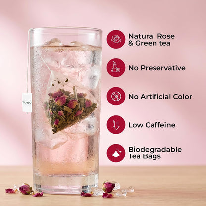 Tvoy Rose Green Tea Bags, 40 Pyramid Tea Bags, Individually Wrapped Bags