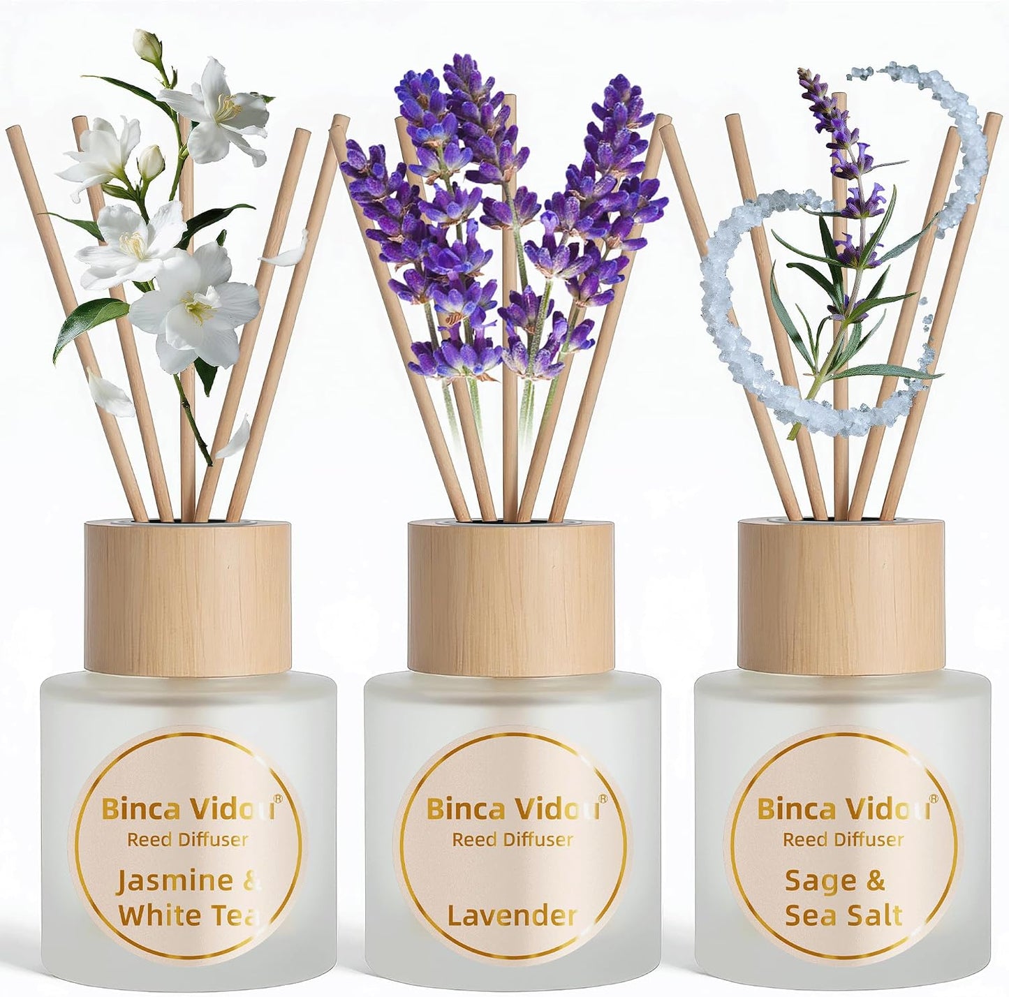 Reed Diffuser Set, Binca Vidou Lavender & Vanilla Natural Scent Oil Diffusers with Sticks for Home Office Bathroom Aromatherapy Decor 1.69oz x 2