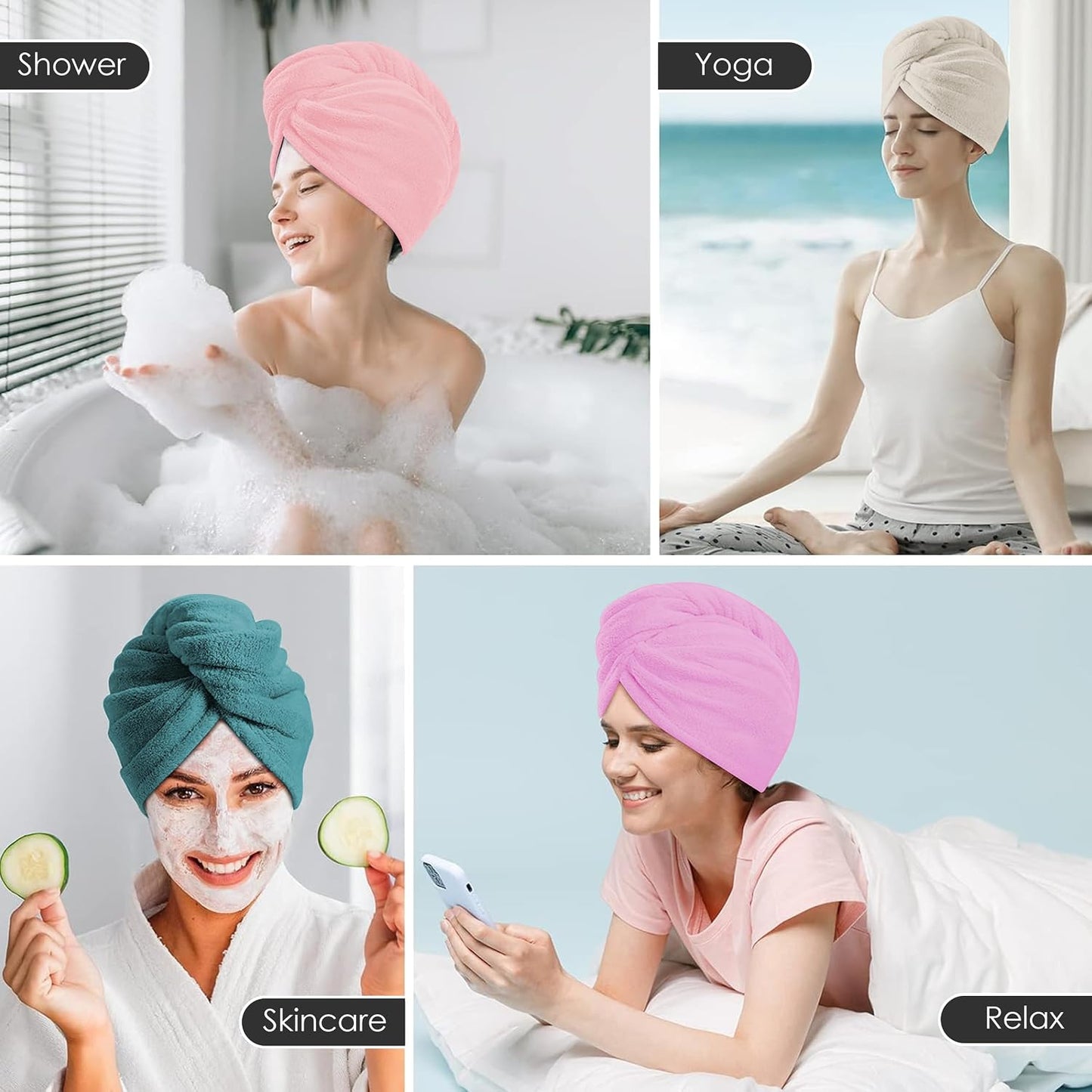 TENSTARS 5 Pack Thicken Microfiber Hair Towel Wrap for Women - Elastic Loop Design - 320GSM Coral Velvet - Quick Dry Hair Turban - 11x28 Inch (Pink)