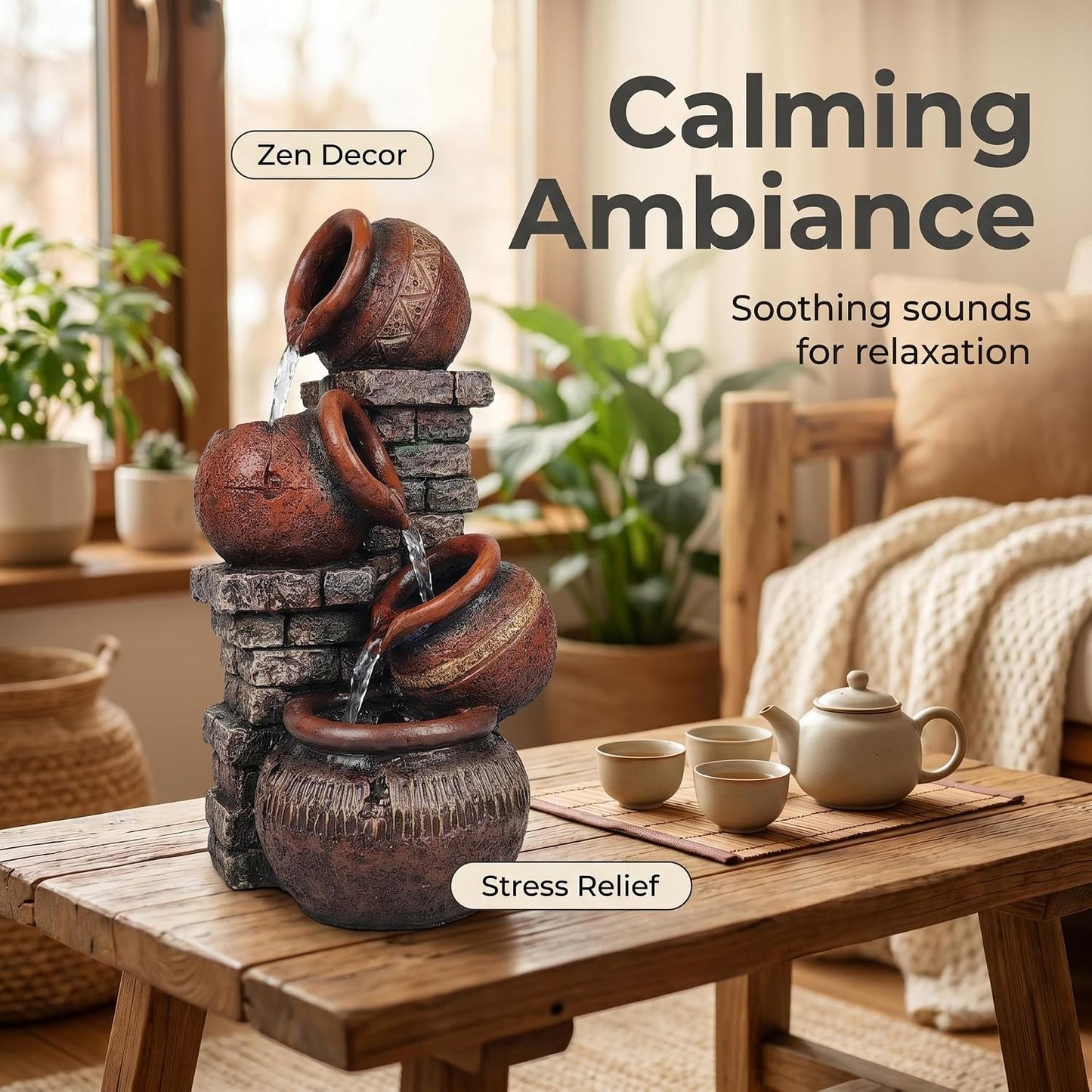 Indoor Desktop Fountain with Led Light - Layered Rock Waterfall Fountain, 13.77 x 5.9 x 5.9 inches, Silent Tabletop Water Feature Decor for Relaxation