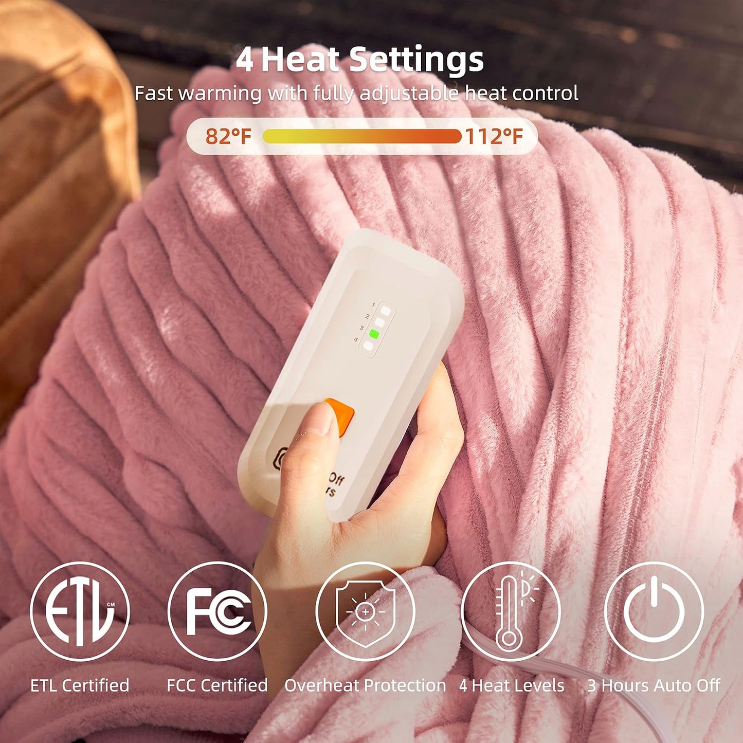 GOTCOZY Heated Throw Blanket, 50''X60'' - Soft Silky Plush Electric Blanket with 4 Heating Levels & 3 Hour Auto Off, ETL Certified, Machine Washable (Grey)