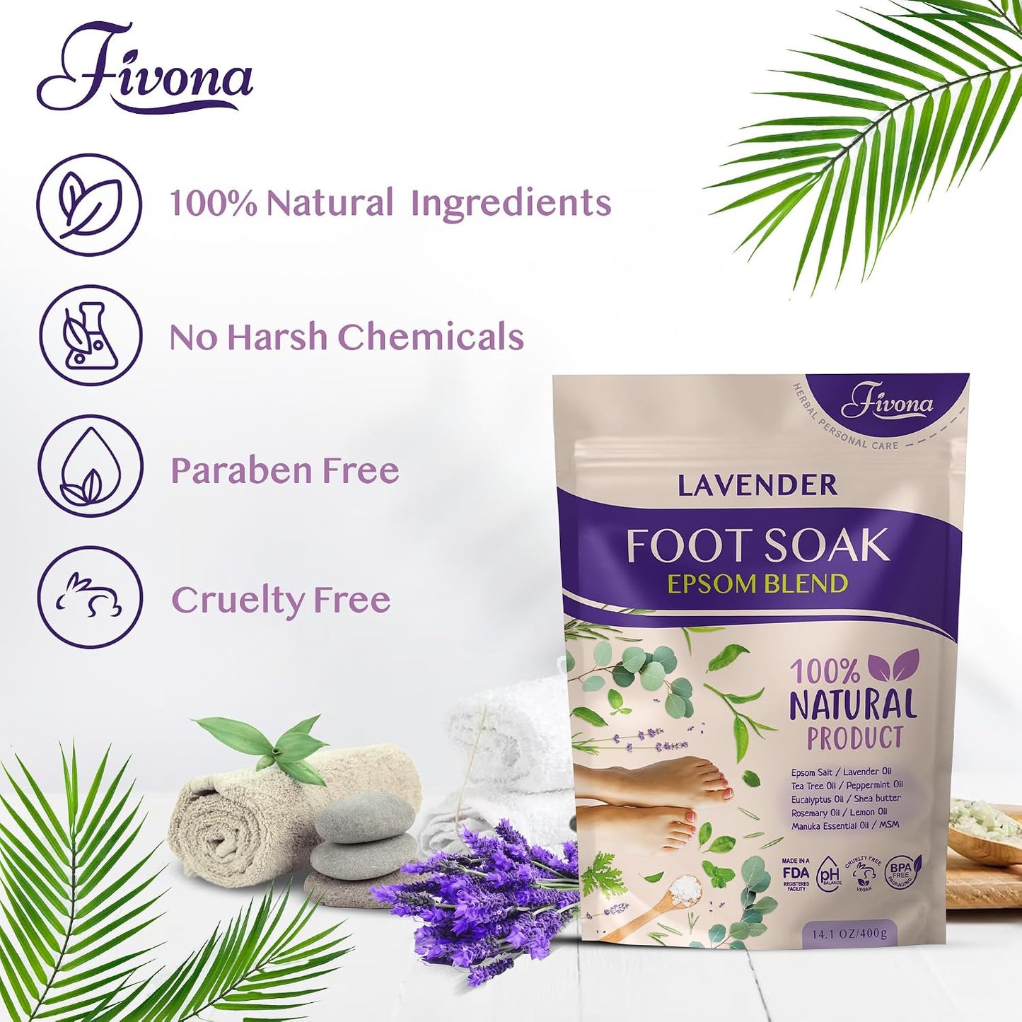 Fivona Tea Tree Foot Soak Blend 14.1 oz - Epsom Salt with Essential Oils for Healthy Toenails, Soothing Relief, Callus Softening - Pedicure Therapy for Soft, Rejuvenated Feet