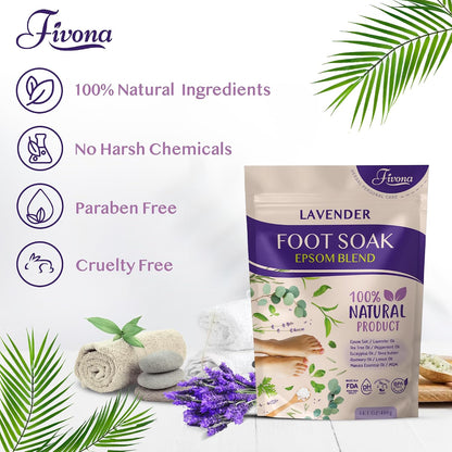Fivona Tea Tree Foot Soak Blend 14.1 oz - Epsom Salt with Essential Oils for Healthy Toenails, Soothing Relief, Callus Softening - Pedicure Therapy for Soft, Rejuvenated Feet
