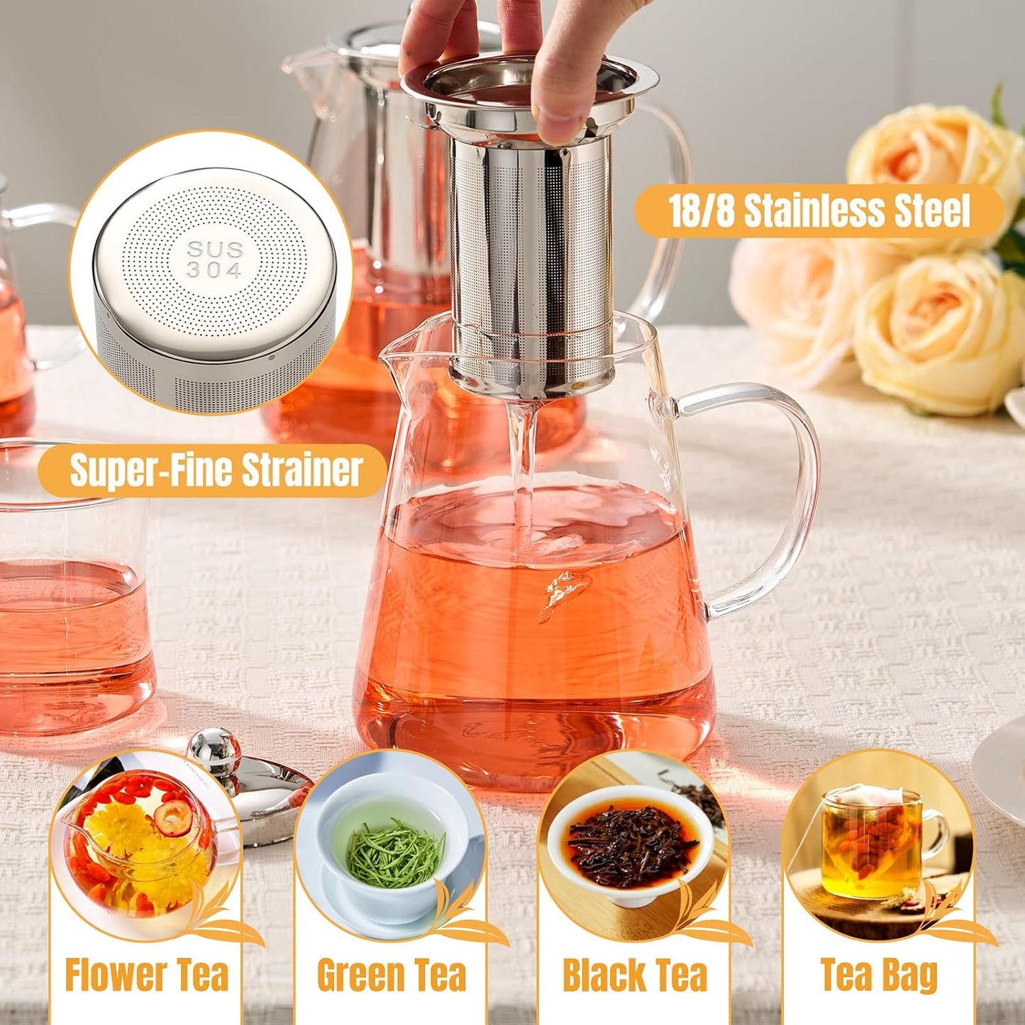 Baalaka Glass Teapot Stovetop 20 OZ/600ml, Tea pot with Removable 18/8 Stainless Steel Infuser, Borosilicate Clear Tea Kettle, Teapot Blooming and Loose Leaf Tea Maker Tea Brewer for Camping, Travel