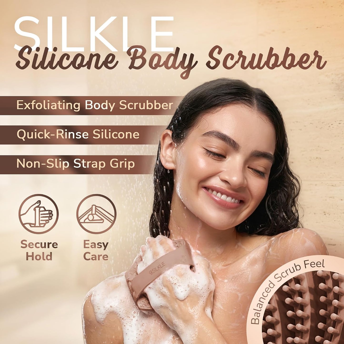 SILKLE Silicone Body Scrubber – Gentle Exfoliating Shower Scrubber for Body & Bath, Silicone Shower Brush & Loofah Alternative – Non-Slip Silicone Body Brush, Quick Dry, Hygienic - Pink