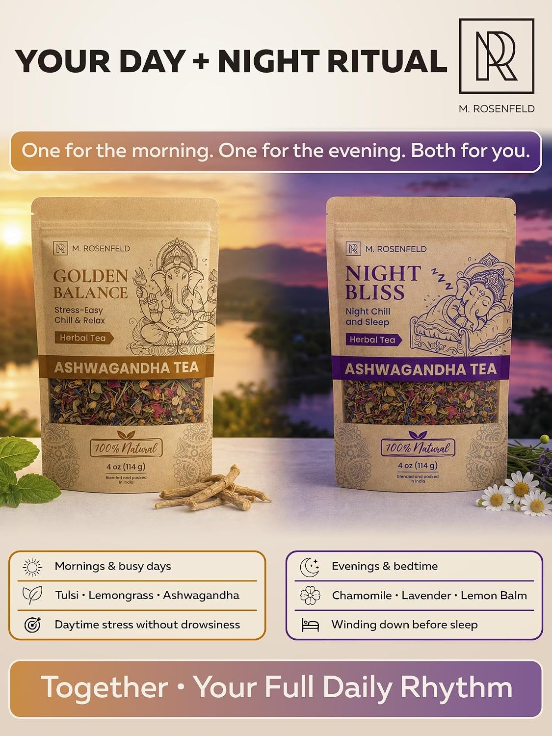 Ashwagandha Tea Loose Leaf – Golden Balance – Chill & Relax Herbal Blend with Chamomile, Lemon Balm & Lavender – Caffeine-Free Adaptogen Root Tea with a Naturally Slightly Earthy Flavor for Calm & Relaxation, 4 oz