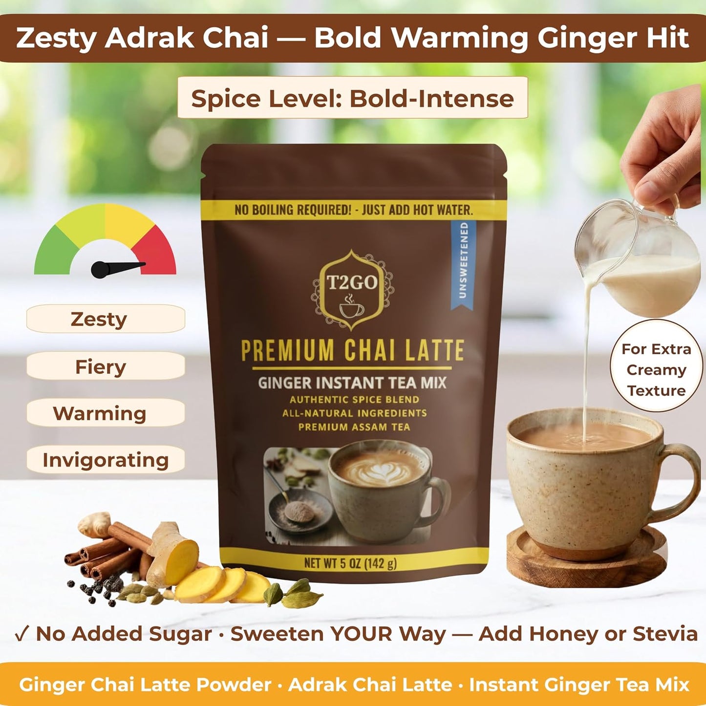 T2GO Unsweetened Ginger Chai Tea Latte Powder – No Added Sugar, 5 oz | Bold adrak ginger chai, unsweetened — real milk & spices built in, 45 cal, 0g added sugar