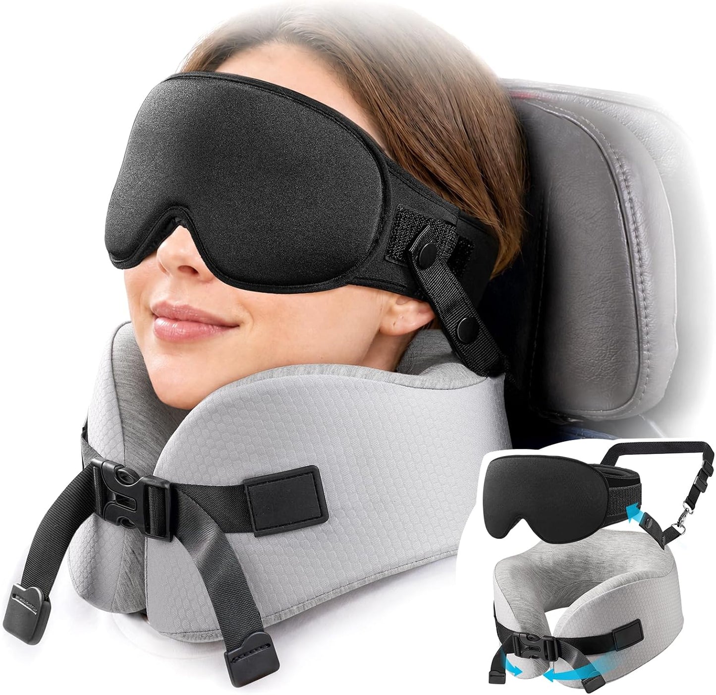 YFONG Travel Pillow for Long Flights, Patented 360° Ergonomic Sleeper Hold Head Support System with Memory Foam Neck Pillow & 3D Sleep Mask, Prevent Head Bobbing for Airplane & Road Trip, Pink