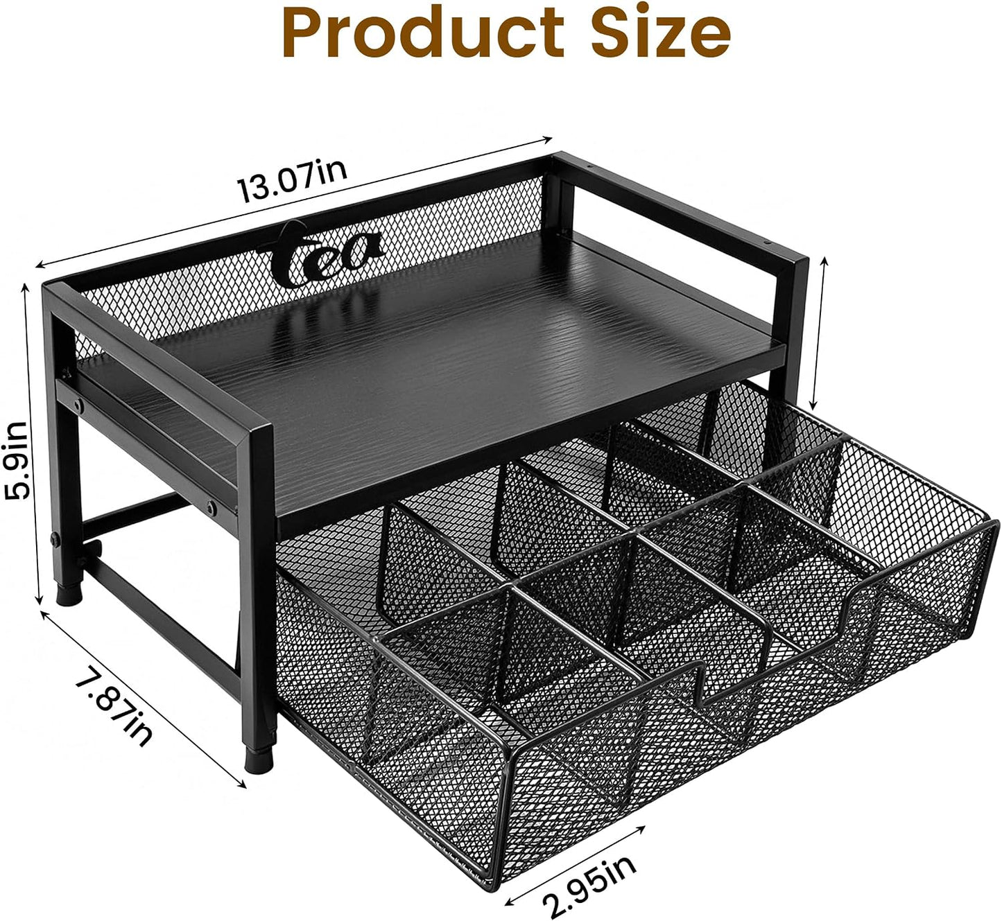 2 Tier Tea Bag Organizer and Storage - 8 Drawer Sliding Tea Box Organizer, Tea Bar Accessories Organizer for Countertop, Bar Station, Kitchen (Rustic Brown)