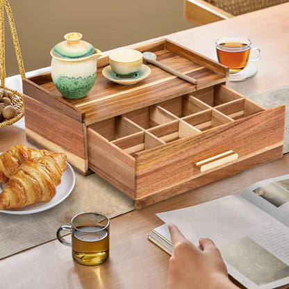Tea Bag Organizer, Acacia Wood Tea Organizers and Storage Box, Tea Bag Holder Station Caddy Container for Countertop, Tea Accessories Gift Box with Drawer