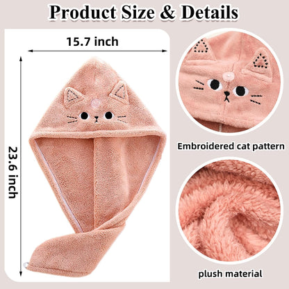 2Pack Microfiber Hair Towel Wrap for Kids, Cute Cat Absorbent Hair Drying Turbans Head Towels for Women Girls (Pink and Gray cat)