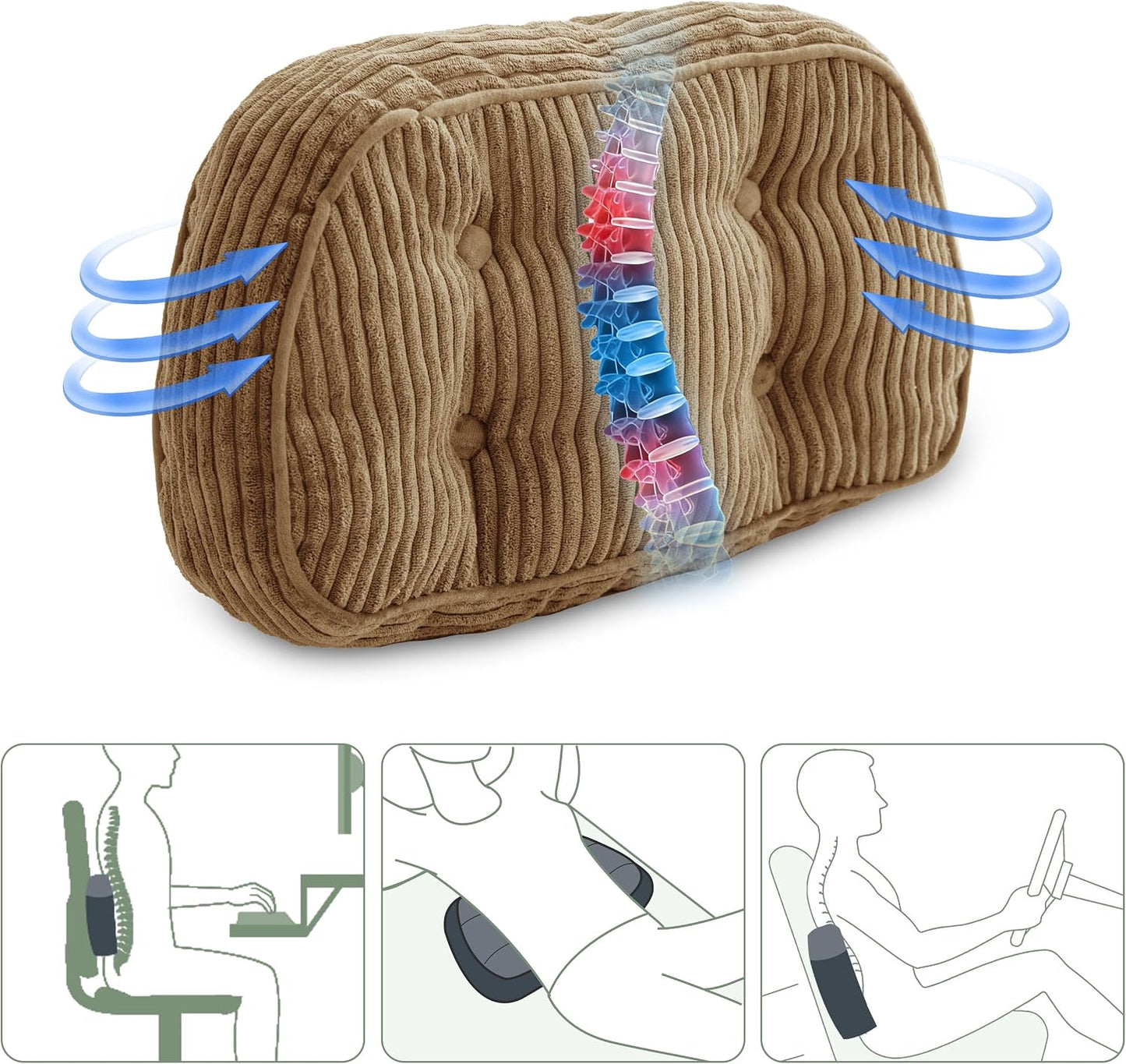 HIGOGOGO Lumbar Support Pillow for Recliner Chair/Accent Chair/Couch/Office Chair, Tufted Corduroy Back Support Cushion for Elderly, Recliner Cushions for Back Rest, Pain Relief, Reading, Brown