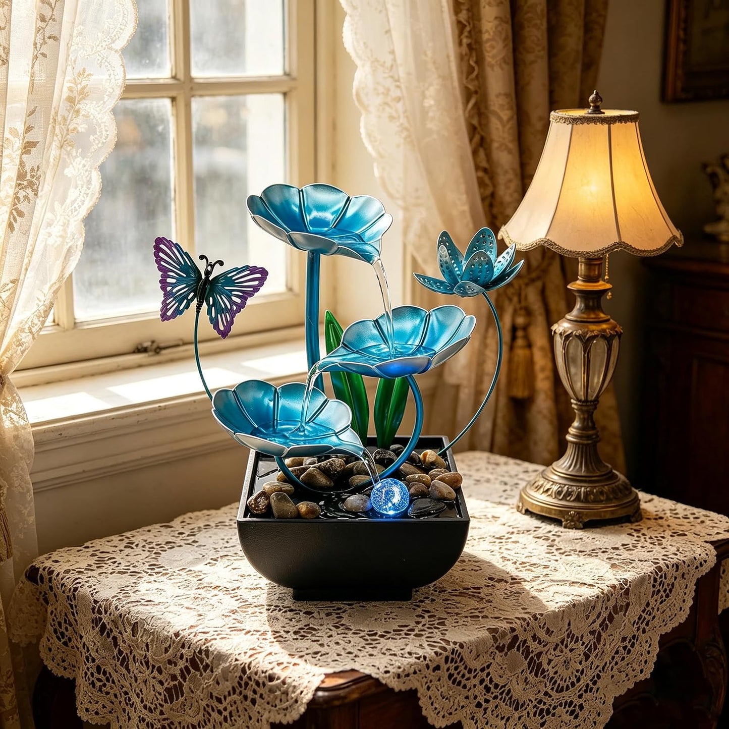 Tabletop Fountain,Indoor Water Fountain,Home Fengshui Décor Zen Relaxation Soothing Sound Machine for Office,Living Room,or Bedroom,Green Lotus,Hummingbird & Pink Flower,9.1inch