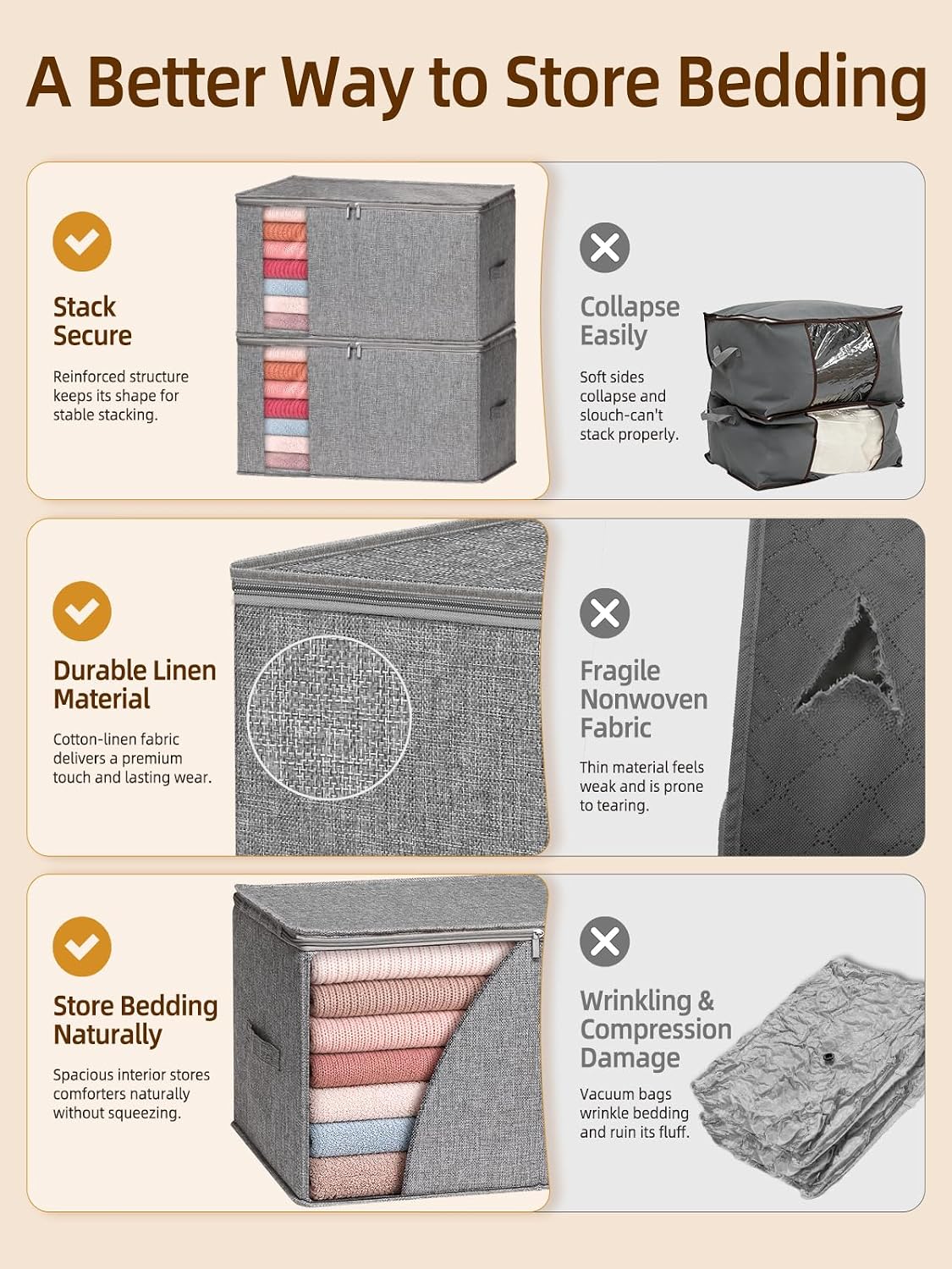 90L Rigid-Structured King Size Comforter Storage Bag, 2 Pack, Gray