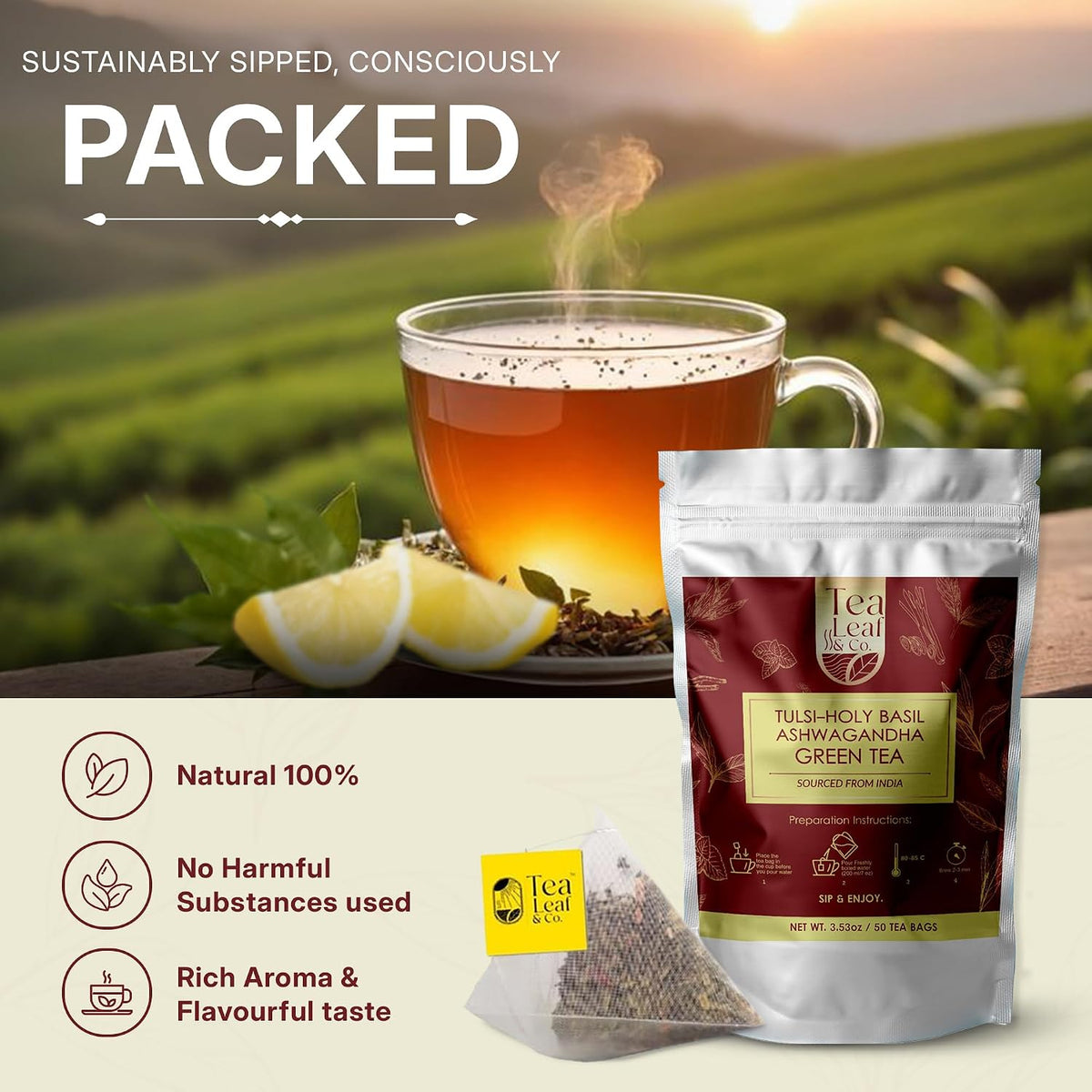 Tulsi Ashwagandha Green Tea 3.5oz, Natural Herbal Infusion, 50 Tea Bags