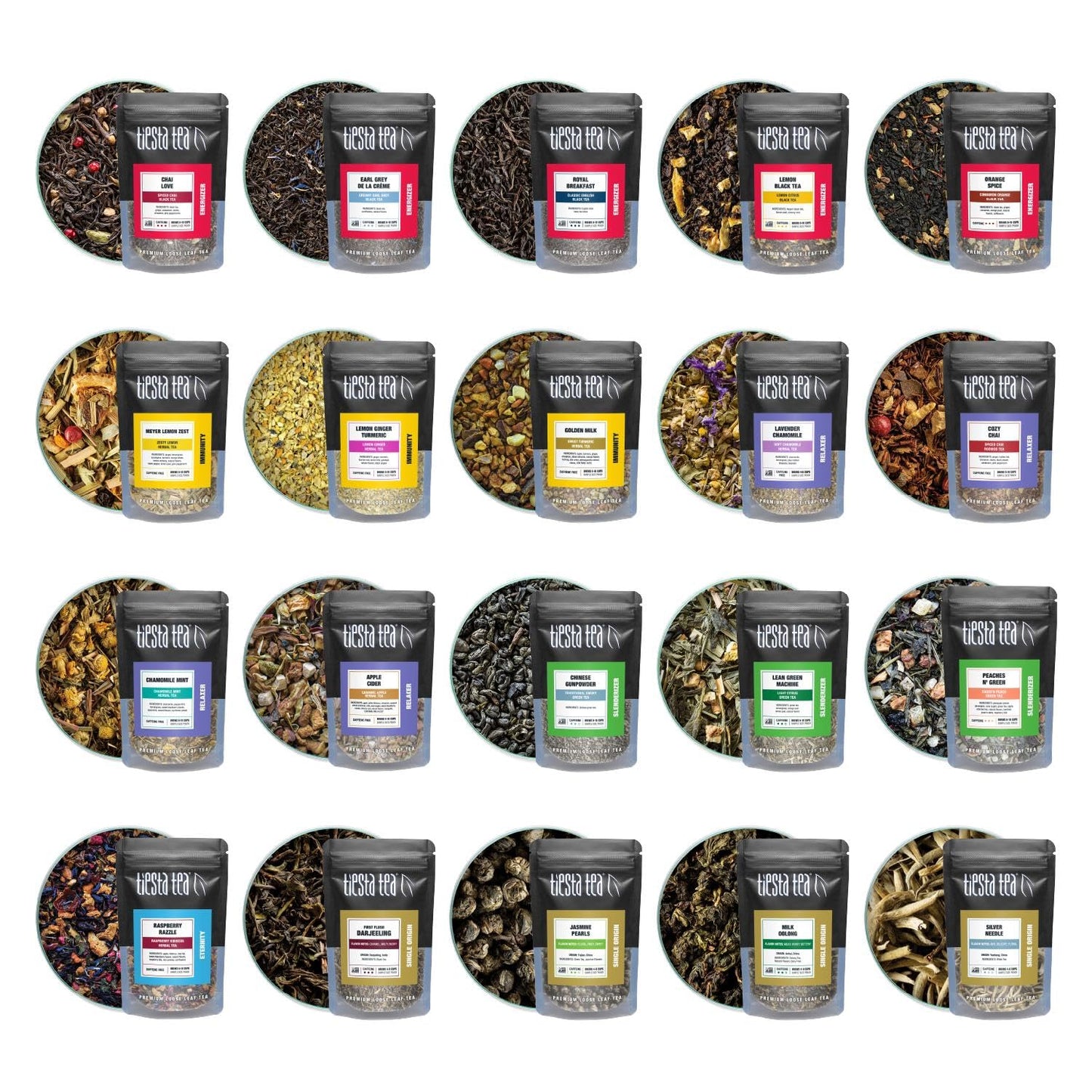 Tiesta Tea - Discovery Sampler Dry Flight Set, Loose Leaf, High to No Caffeine, Hot & Iced Up to 200 Cups, Tea Variety Pack with Green, Herbal, Black & Chai Brew, 20 Resealable Sample Pouches