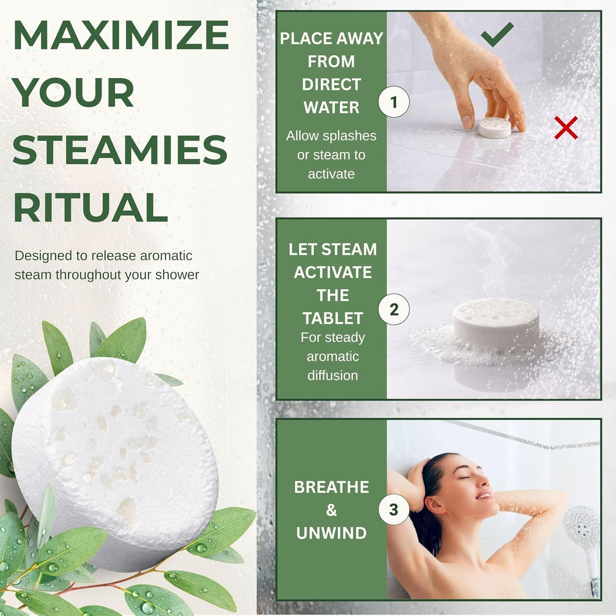 STEAMIES Eucalyptus Shower Steamers Aromatherapy 15 Pack, Self Care Gifts for Women & Men, Spa Stress Relief & Relaxation, Menthol, Peppermint & Tea Tree Essential Oil Shower Tablets
