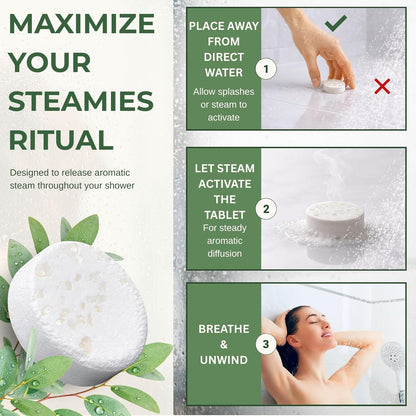STEAMIES Eucalyptus Shower Steamers Aromatherapy 15 Pack, Self Care Gifts for Women & Men, Spa Stress Relief & Relaxation, Menthol, Peppermint & Tea Tree Essential Oil Shower Tablets