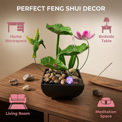 Tabletop Fountain,Indoor Water Fountain,Home Fengshui Décor Zen Relaxation Soothing Sound Machine for Office,Living Room,or Bedroom,Green Lotus,Hummingbird & Pink Flower