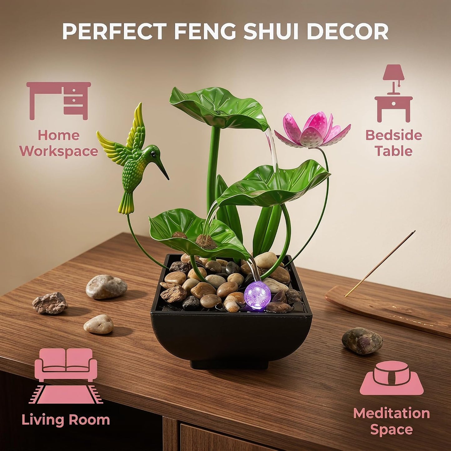 Tabletop Fountain,Indoor Water Fountain,Home Fengshui Décor Zen Relaxation Soothing Sound Machine for Office,Living Room,or Bedroom,Green Lotus,Hummingbird & Pink Flower,9.1inch