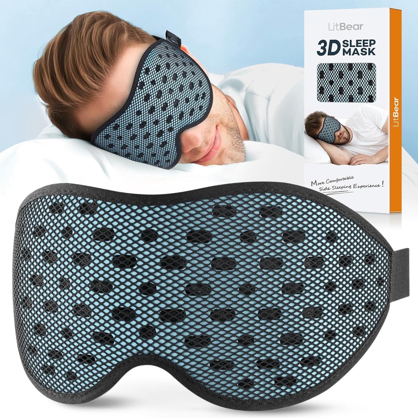 LitBear Breathable Sleep Mask, 3D Eye Mask Sleep for Side Sleepers Women Men, Light Blocking Sleeping Mask with Adjustable Strap, Soft Lightweight Eye Cover for Travel, Night Work, Nap, Office - Blue