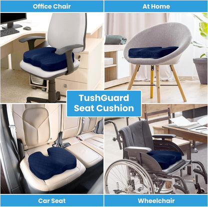 TushGuard Seat Cushion - Memory Foam Sitting Pillow for Office Chair, Car Seat, Airplane, Bleacher - Sciatica & Hip & Coccyx Pain Relief Desk Chair Cushion for Long Sitting Office Workers, Car Drivers