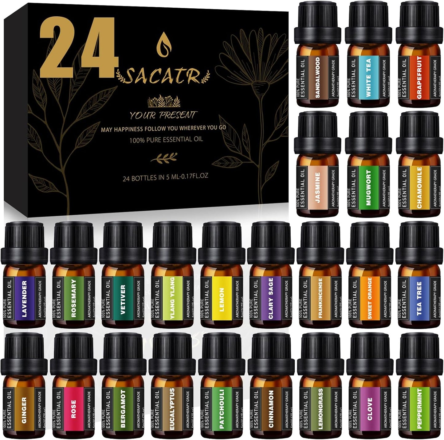 SACATR 36 Pcs Natural Essential Oil Sets,Essential Oils for Diffuser, Humidifiers, Skin Care, Massage, Fragrance Oil Scent for DIY Candle and Soap Making, Gift for Friends (36 * 5ML)