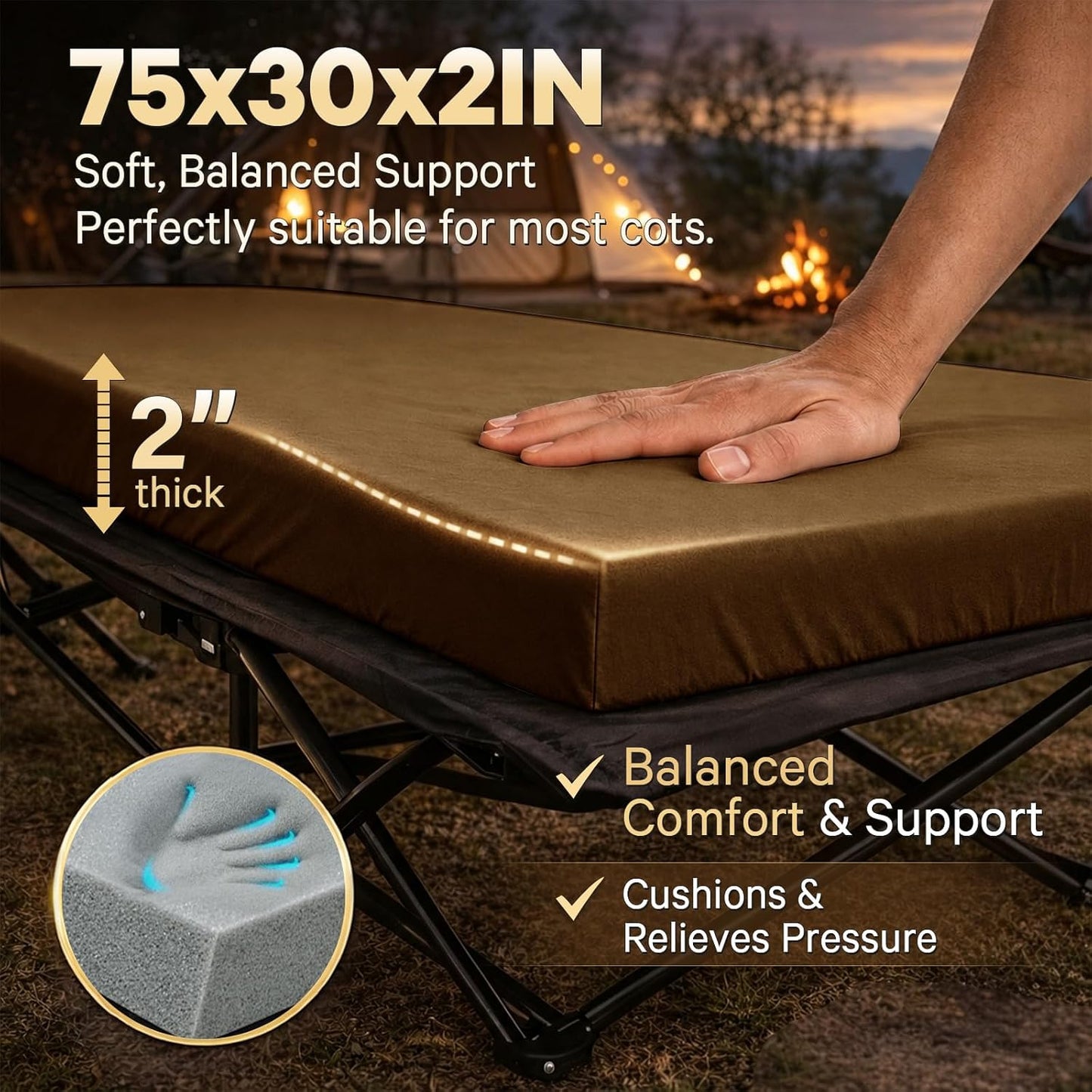 CYMULA Camping Cot Pad 2 Inch Memory Foam, Camping Pad for Folding Cot and Foldable Cot, Portable Roll Up Camp Gear for Car Camping Travel Tent, Non-Slip Waterproof Bottom, Removable Cover, Pad Only