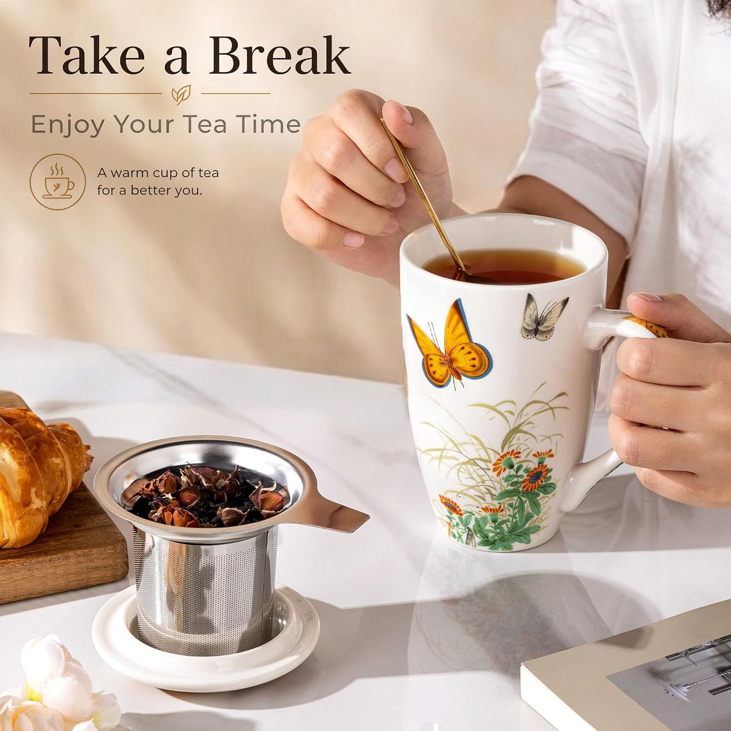 AmorArc 18oz Porcelain Tea Mug with Infuser & Lid, Loose Leaf Tea Cup with Stainless Steel Strainer, Large Coffee Mug Gift for Women, Tea Lovers, Home & Office